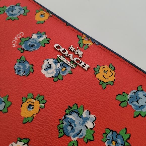 Coach Accordion Zip Wallet Tea Rose Floral Print Coated Canvas Blue Red F57649 - Picture 11 of 11